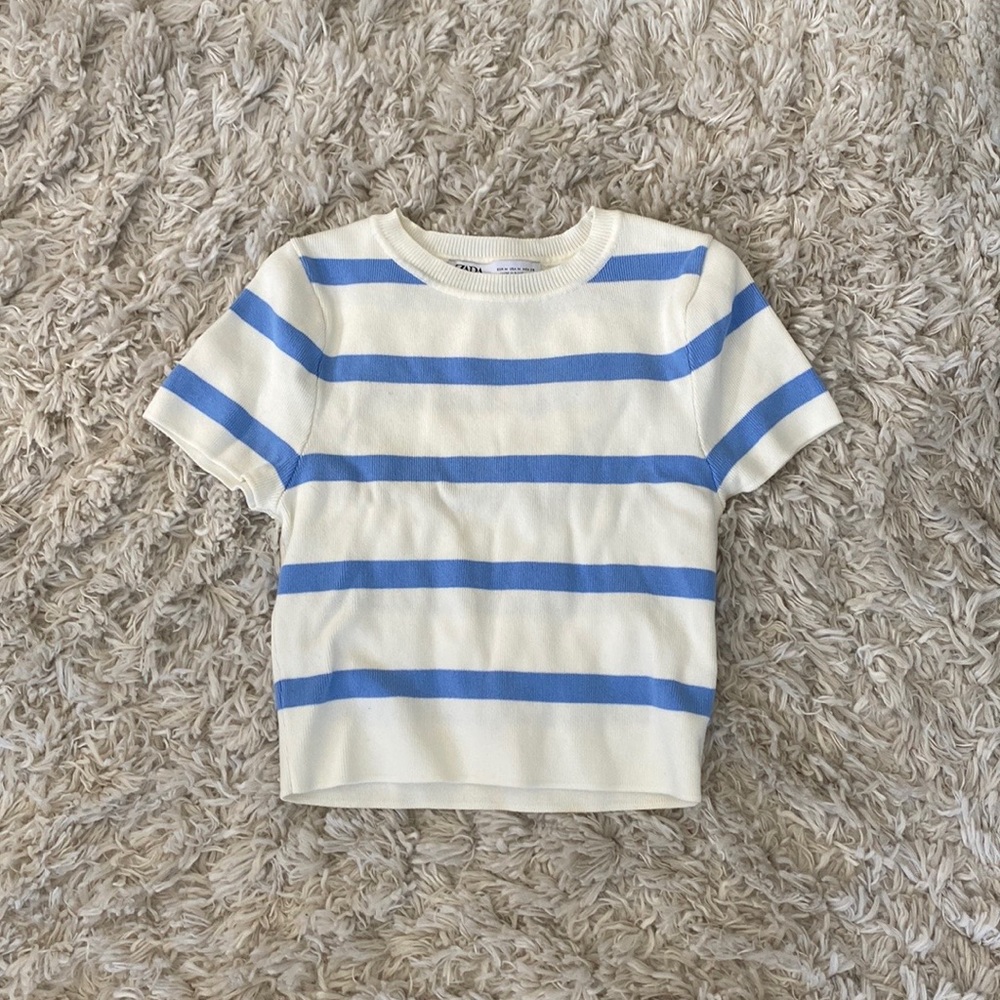 Zara white and blue striped knit crop top